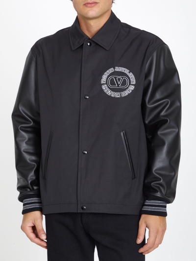 Valentino Track Jacket With Leather Sleeves And Patches In Black