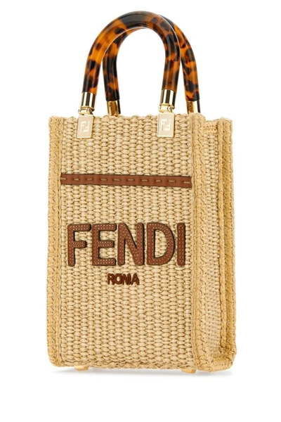 Shop Fendi Woman Straw Mini Sunshine Handbag In Brown