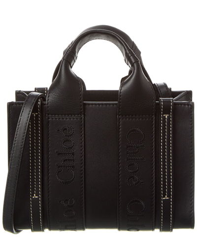 Shop Chloé Woody Mini Leather Tote In Black