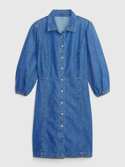 Shop Gap Organic Cotton Puff Sleeve Denim Mini Dress In Medium Indigo