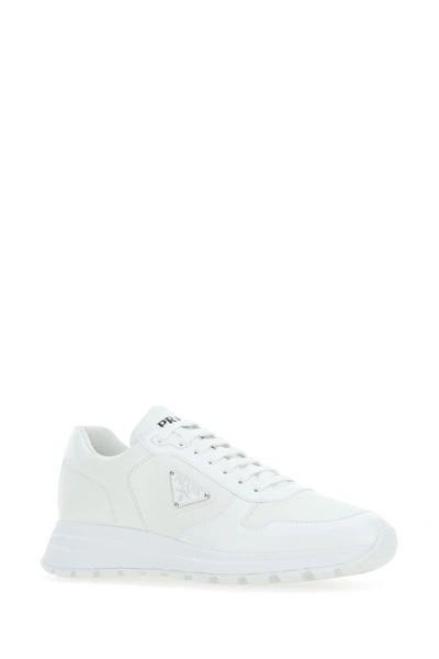 Shop Prada Man White Re-nylon And Leather Sneakers
