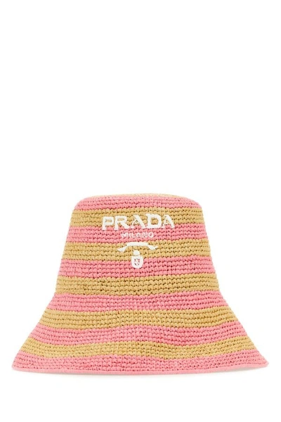 Shop Prada Woman Embroidered Raffia Bucket Hat In Multicolor