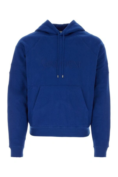 Shop Saint Laurent Man Electric Blue Cotton Sweatshirt