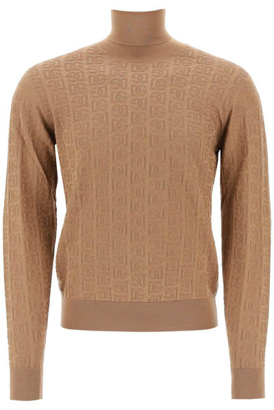 Shop Dolce & Gabbana Dg Logo Jacquard Turtleneck Sweater In Brown