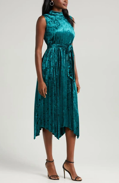 Shop Tahari Asl Pleated Velvet Midi Dress In Teal