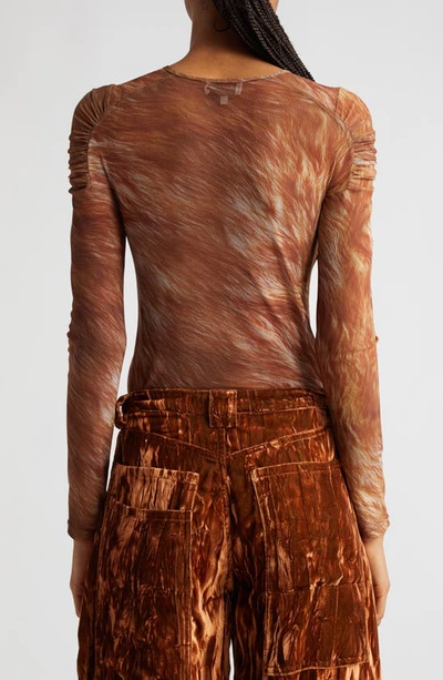 Shop Collina Strada Arc Ruched Long Sleeve Mesh Top In Brown Fur