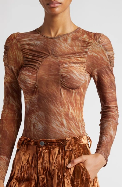 Shop Collina Strada Arc Ruched Long Sleeve Mesh Top In Brown Fur
