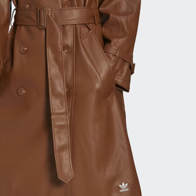 Pre-owned Adidas Originals Adidas Women Adicolor Trefoil Faux Leather Trench Wild Brown Color Coat Ii6083