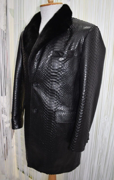 Pre-owned Handmade Man's Real Python Snake Skins Genuine Snake ? Hides Long Jacket Coat All Sizes In Black