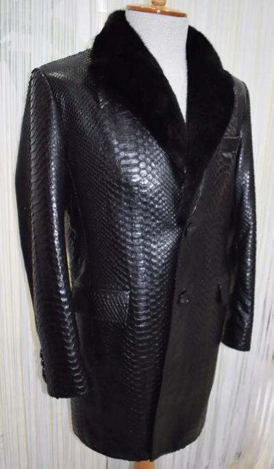 Pre-owned Handmade Man's Real Python Snake Skins Genuine Snake ? Hides Long Jacket Coat All Sizes In Black