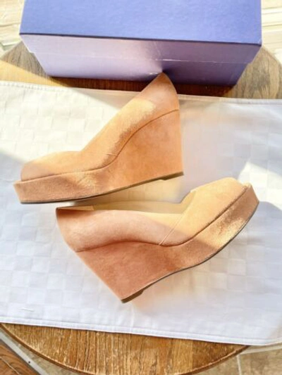 Pre-owned Stuart Weitzman Tori Ballet Suede Platform Peep-toe Wedge Heels 8.5m Bnib $425 In Pink