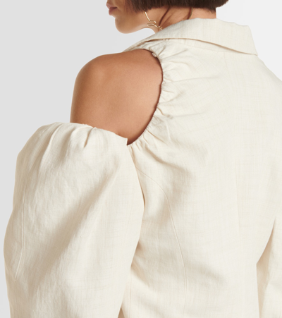 Jacquemus Linen Blazer Jacket With Off-shoulder Puff Sleeve In White