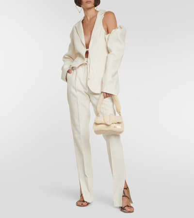 Jacquemus Linen Blazer Jacket With Off-shoulder Puff Sleeve In White