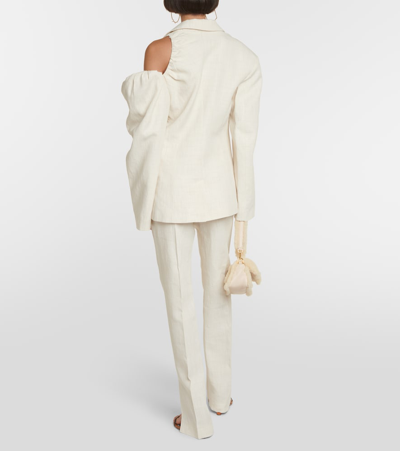 Jacquemus Linen Blazer Jacket With Off-shoulder Puff Sleeve In White