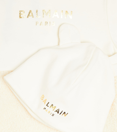 Balmain Baby Cotton Onesie And Beanie Set In White