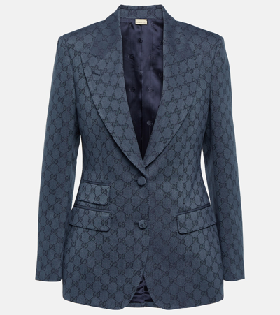 Shop Gucci Gg Linen And Cotton Jacquard Blazer In Blue