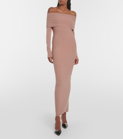 Shop Alaïa Off-shoulder Jersey Midi Dress In Beige