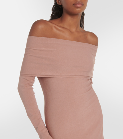 Shop Alaïa Off-shoulder Jersey Midi Dress In Beige