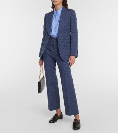 Shop Gucci Gg Linen And Cotton Jacquard Pants In Blue