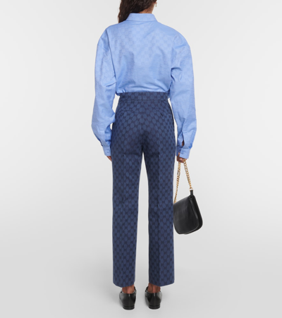Shop Gucci Gg Linen And Cotton Jacquard Pants In Blue