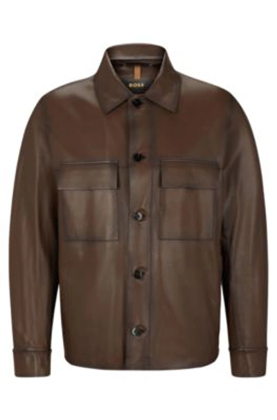 Shop Hugo Boss Regular-fit Jacket In Hand-waxed Nappa Leather In Beige