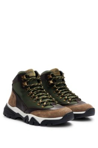 Shop Hugo Boss Hiking-inspired Boots In Suede And Leather In Light Green