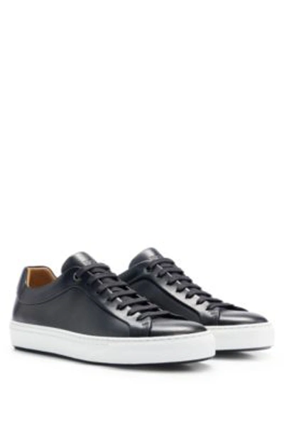 Shop Hugo Boss Leather Cupsole Trainers With Logo Details Crafted In Italy In Dark Blue