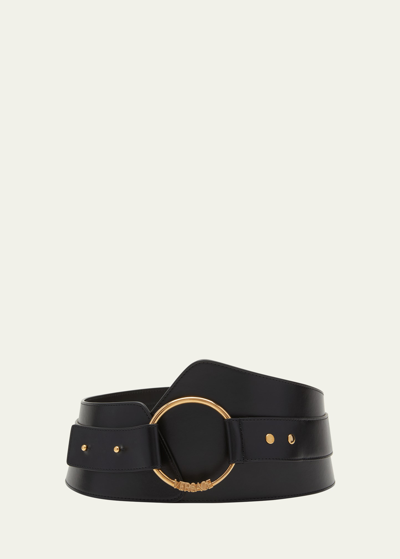 Shop Versace Logo Circle Leather Waist Belt In 1b00p Black Palla