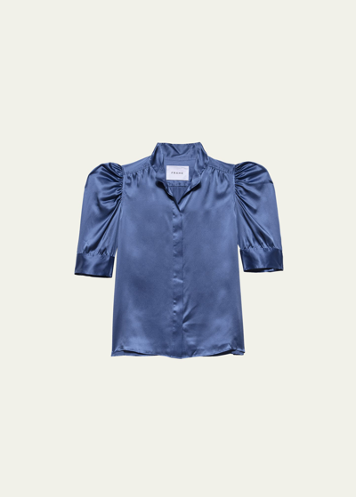 Shop Frame Gillian Silk Ruched Sleeve Top In Slate Blue