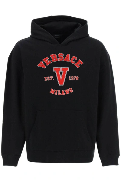 Shop Versace Varsity Hoodie With Terry Patches In Black