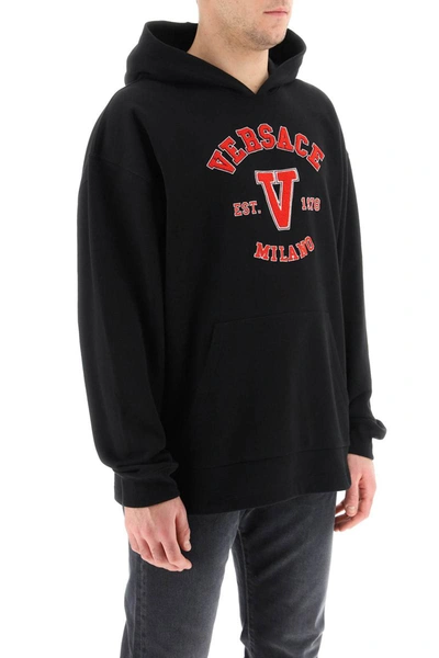 Shop Versace Varsity Hoodie With Terry Patches In Black
