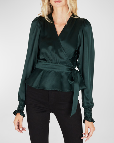 Shop Secret Mission Hailey Silk Wrap Blouse In Forest Green