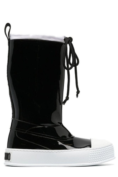 Shop Moschino Drawstring Glossy Boots In Black
