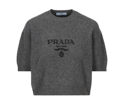 Shop Prada Logo Embroidered Crewneck Knitted Top In Grey
