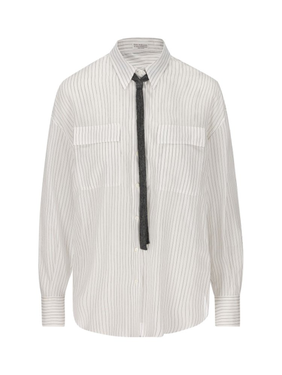 Shop Brunello Cucinelli Long Sleeved Striped Tied Shirt In White