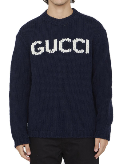 Shop Gucci Intarsia Knit Crewneck Jumper In Navy
