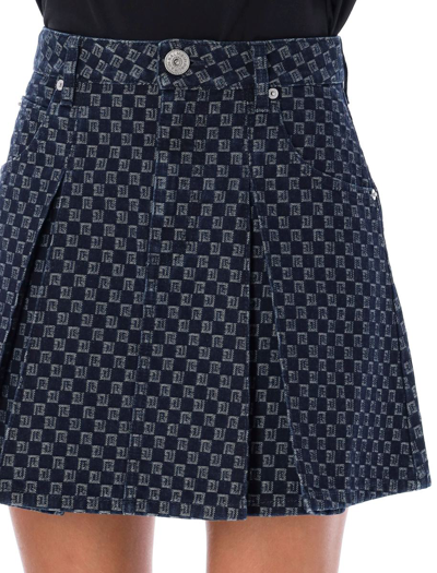 Shop Balmain Mini Mogram Skirt In Blue Jean