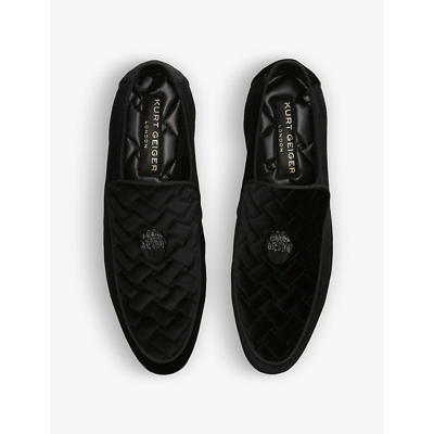 Shop Kurt Geiger London Men's Black/comb Hugh Eagle-embellished Quilted Velvet Loafers
