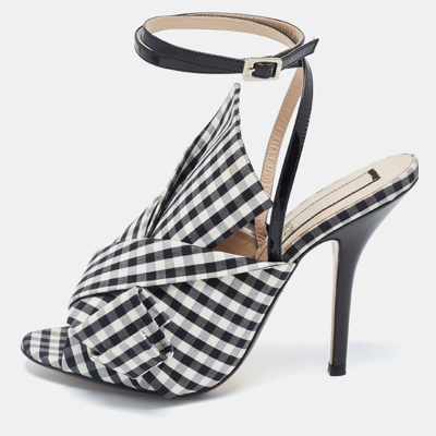 Pre-owned N°21 Black/white Fabric Gingham Ankle Wrap Peep Toe Sandals Size 38.5
