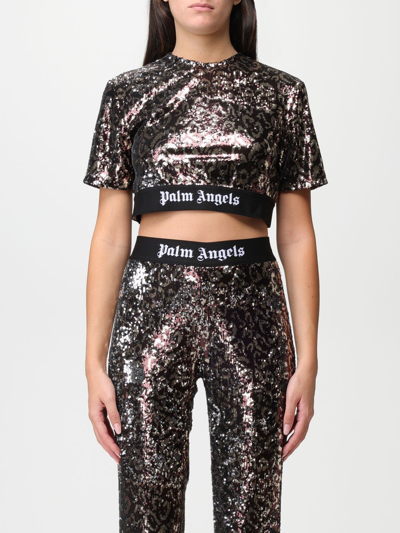 Shop Palm Angels Cropped Sequin T-shirt In Dark