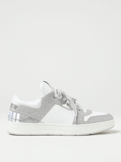 Shop Jimmy Choo Florent Sneakers In Leather And Glittery Fabric In White