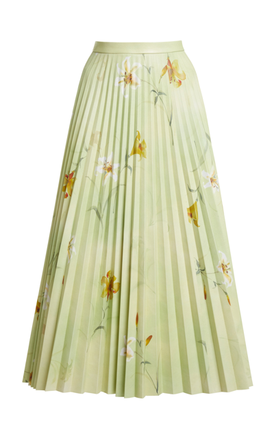 Shop Balenciaga Floral-printed Plisse Leather Midi Skirt In Green