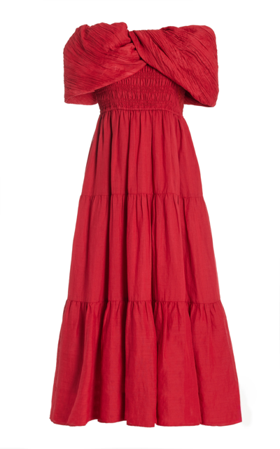 Shop Sea Loren Shirred Off-the-shoulder Midi Dress In Red