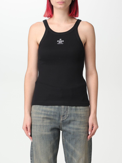Shop Fendi Cotton Top With Embroidered Logo In Black