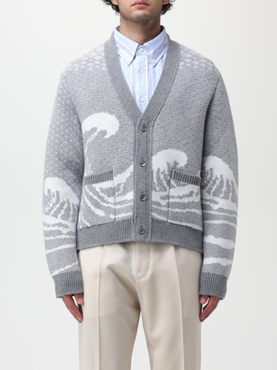 Shop Thom Browne Cardigan In Jacquard Wool In Grey