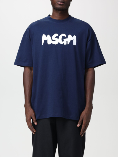 Shop Msgm Cotton T-shirt With Logo In Navy