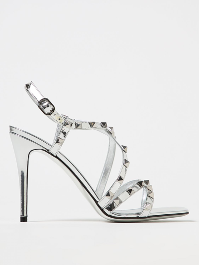Shop Valentino Rockstud Sandal In Laminated Leather With Studs In Silver