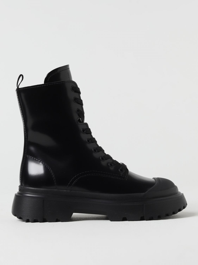 Shop Hogan H619 Combat Boots In Brushed Leather In Black