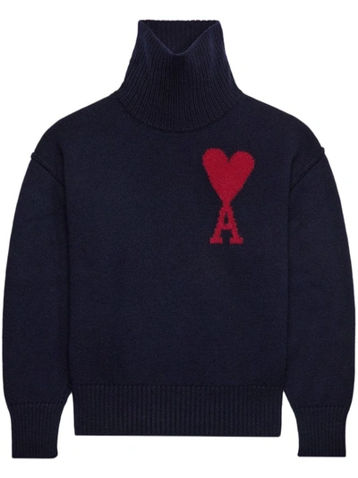 Shop Ami Alexandre Mattiussi Ami Paris Paris Ami De Coeur Wool Jumper In Night Blue/red