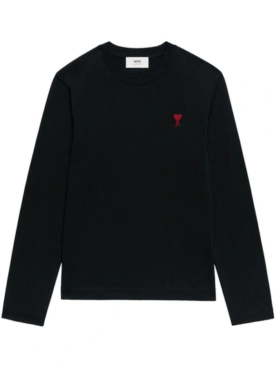 Shop Ami Alexandre Mattiussi Ami-de-coeur Cotton Long Sleeve T-shirt In Wool Tricontine Black